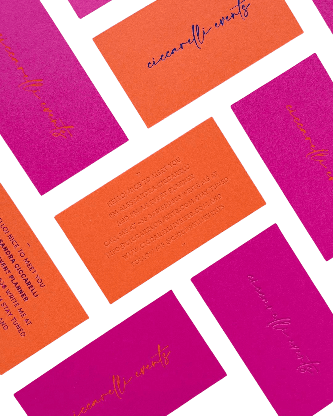 Cartes de visite ACOM sur papier texturé, recto blanc et verso noir avec filet magenta