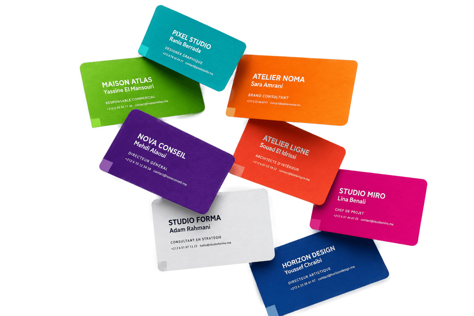Cartes de visite imprimées en huit teintes, disposées en éventail